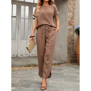 Women’s 2 Piece Loungewear Set, Short Sleeve Henley Top & Drawstring Casual Pants Outfit