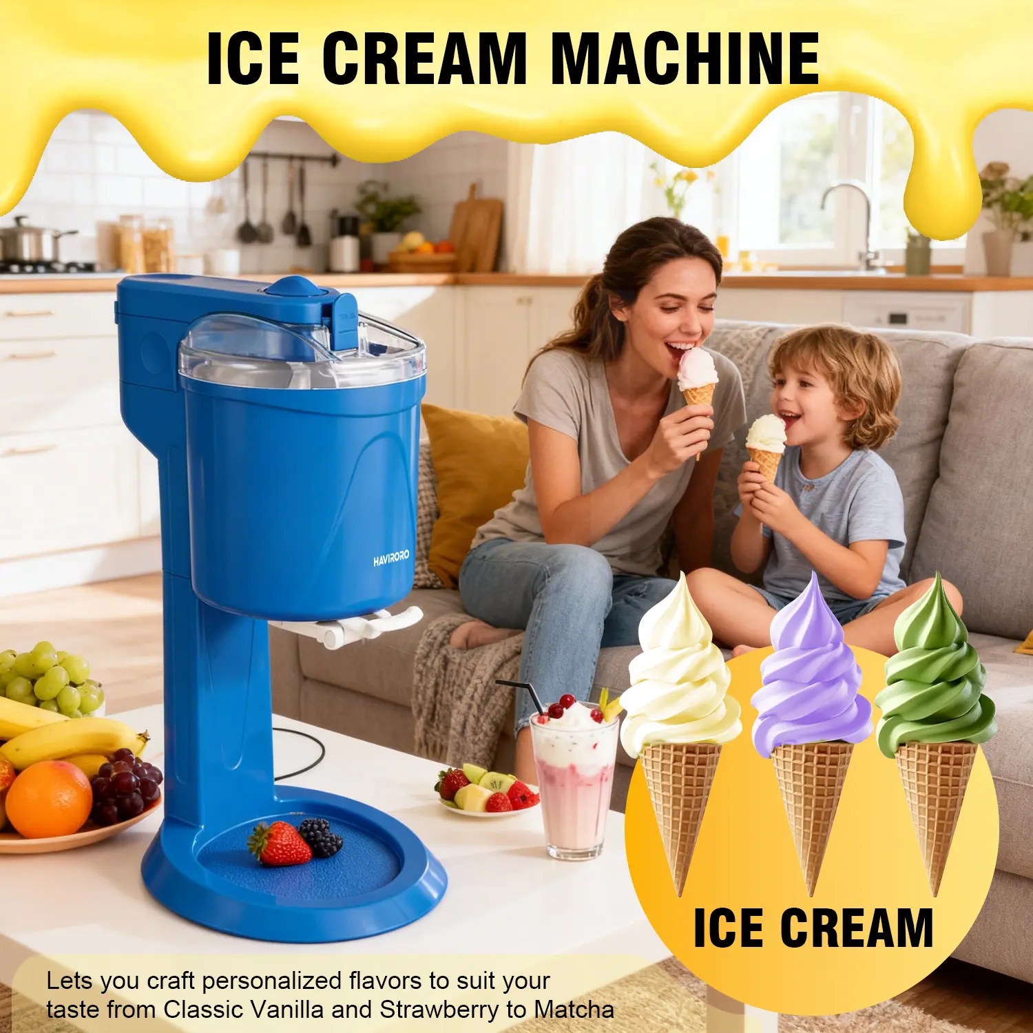 Ice Cream Maker, 1 Quart Double Insulated, Sorbet and Frozen Yogurt Maker, Ready in 30 Minutes, Blue