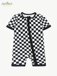 JUNBLEBABY Unisex Baby Bamboo Fiber Short-Sleeved Hooded 1-Piece Dress, Black Checkered Print, Double Zipper, Soft Breathable Fabric for Playwear, Checkered/Plaid