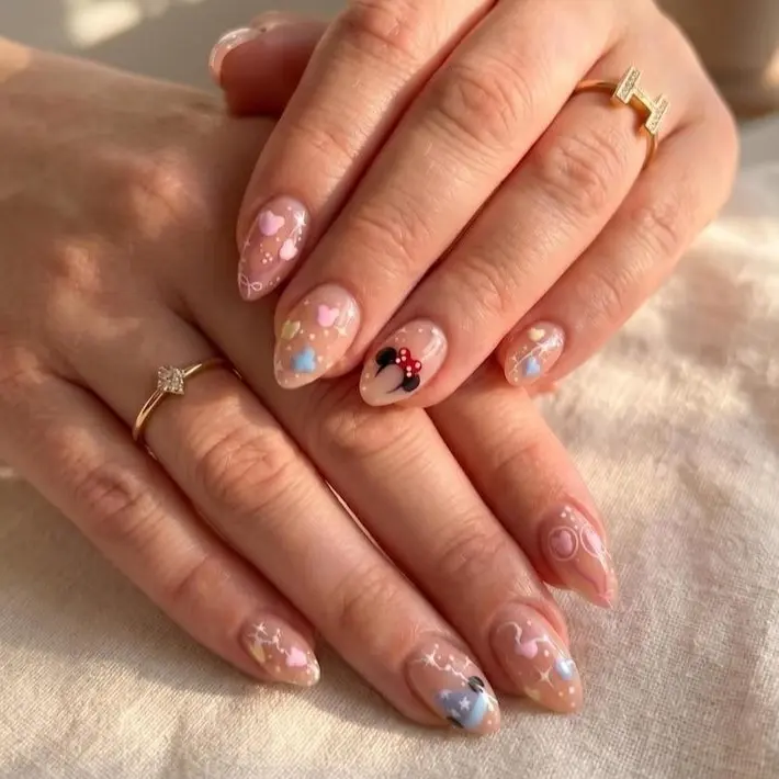 Minnie Press On Nails, Cute Heart Nails with Cartoon Design, Kawaii Pastel Nails, Magical Inspired Nail, Short Almond Nail Art