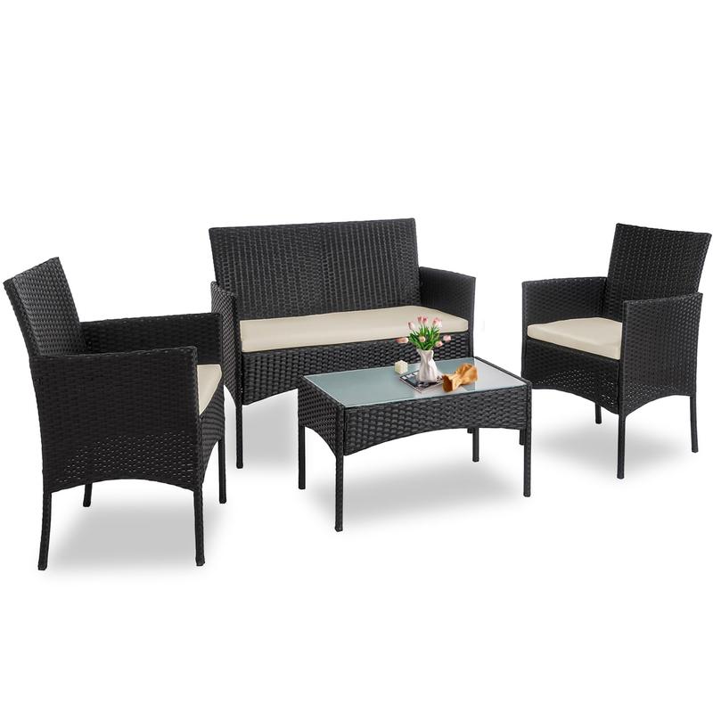 4 Piece Outdoor Wicker Patio Conversation Furniture Set, Rattan Chair Wicker Sofa Garden Conversation Sets with Cushion and Glass Table for Yard Pool or Backyard