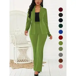 Two-PieceSetWomen'sPlainButtonLapelNeckBlazer&SuitPants,ElegantBusinessCasualLongSleeveOuterwear&TrousersforDailyOutdoorWear,Women'sClothingforAllSeasons