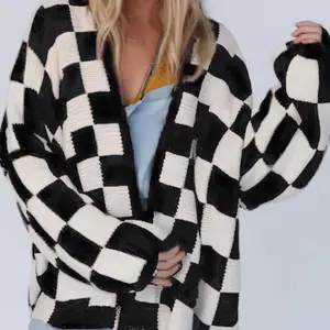 Christmas Deals Women's Checkerboard Pattern Drop Shoulder Cardigan, Casual Long Sleeve Open Front Knitwear for Summer, Fashion Ladies' Knit Clothing for Daily Wear, Christmas 2024 Trend, Fall&winter Clothing