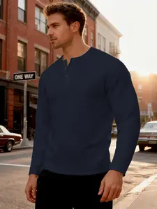 Men's Fall Winter New Heavyweight Loose Knit Texture Henry Shirt, Vintage Long Sleeve, Casual Fashion, Comfortable Fit, Fitted