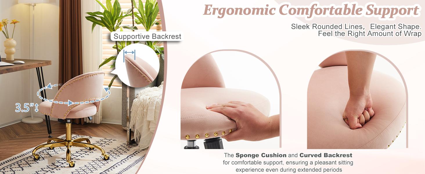 Karlhome  Modern Velvet Small Office Chair,Cute Desk Chair with Wheels,Gold Base/Studs, Comfy Armless Swivel Vanity Task Chair for Women/Girl/Kids, Nail Tech Chair for Bedroom,Small Space,Pink