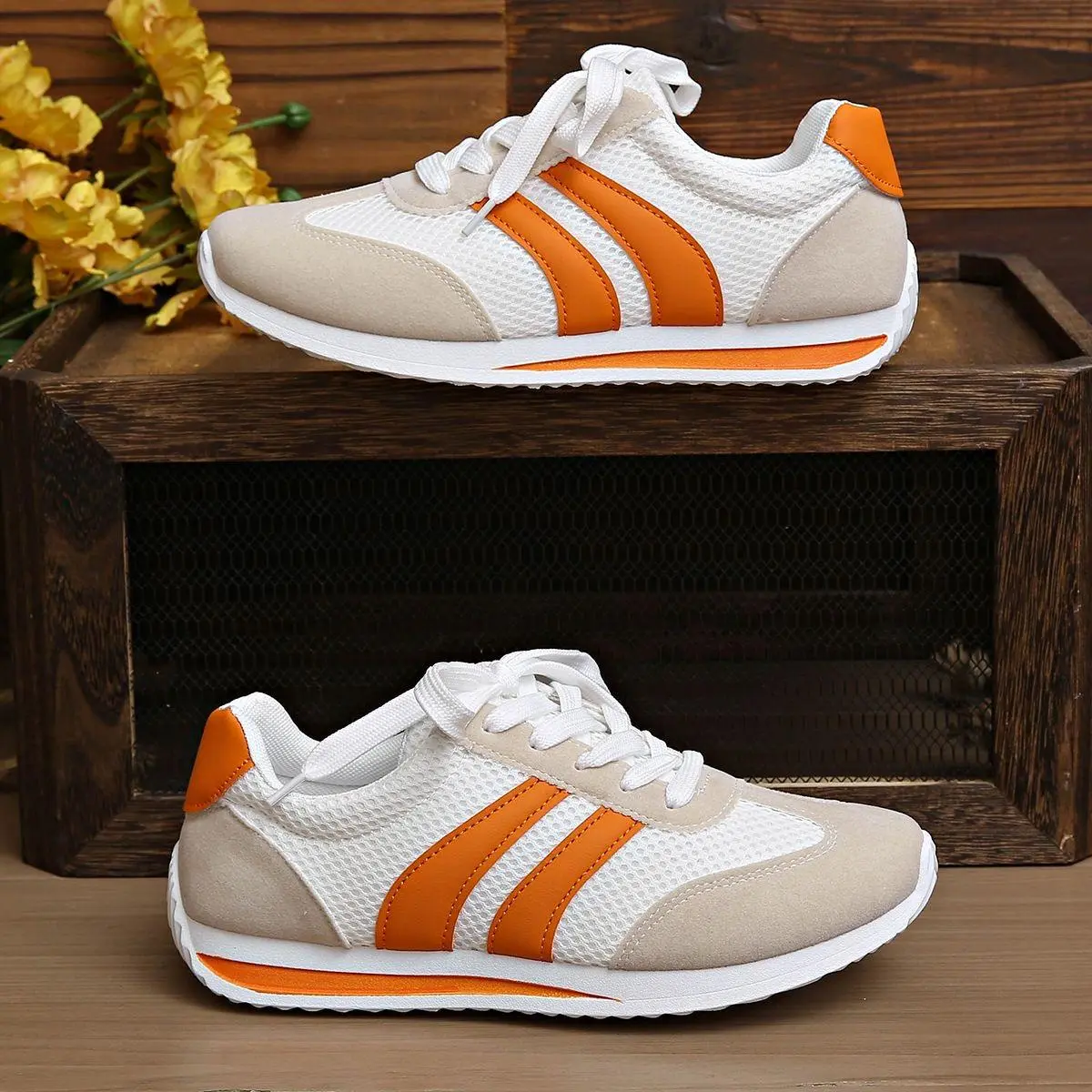 Breathable mesh retro sneakers with orange accents and a microfiber suede upper design; non-slip and comfortable, suitable for fitness, tennis, and running training. women