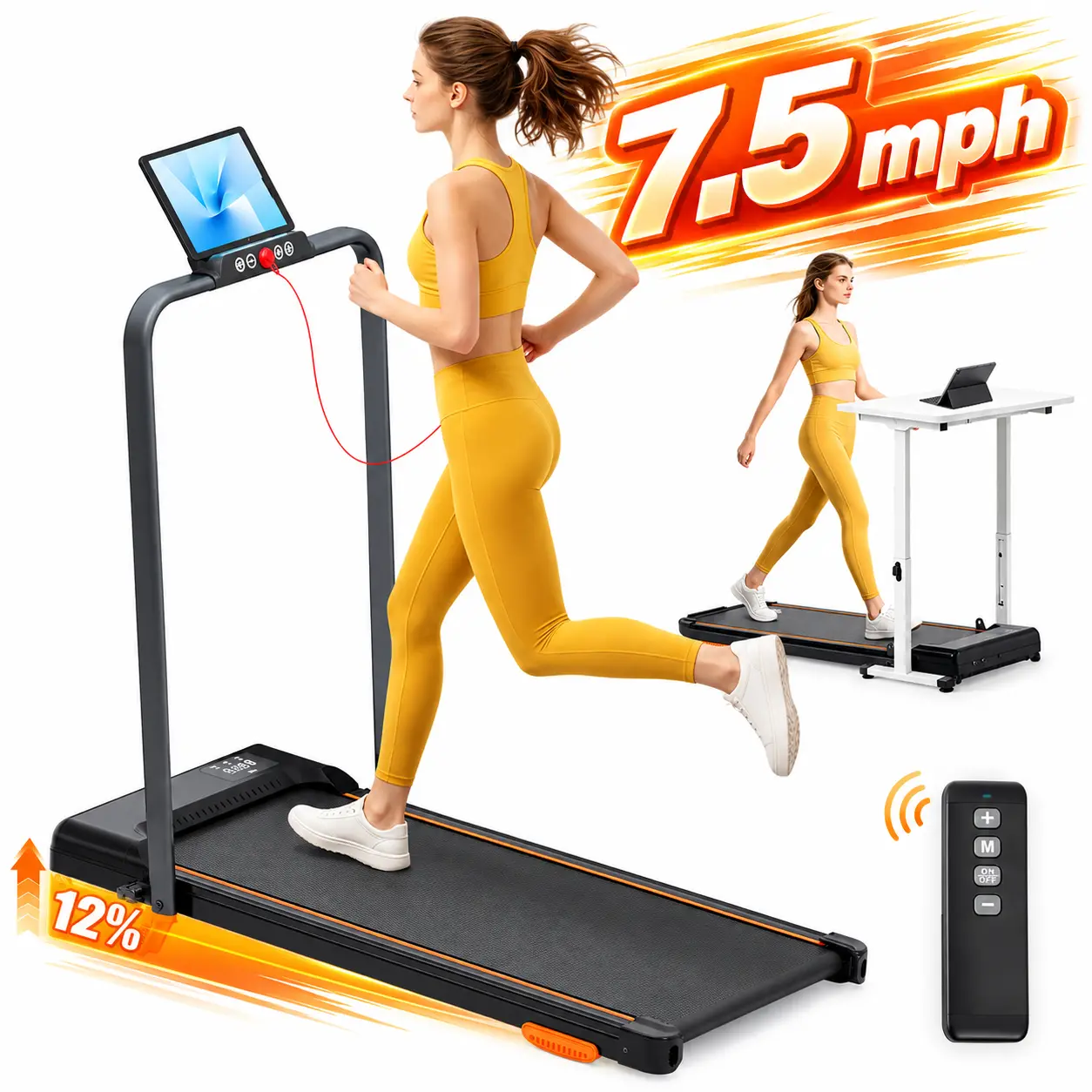 Quiet Folding 3-in-1 Treadmill Walking Pad - Compact Slim Frame Home Gym Equipment, 2-in-1 Walking & Running, Lightweight, Remote Control, Mobility Wheels, LED Display, Safety Handrail, Safety Key, Adjustable Incline, Installation-Free, for Home/Office