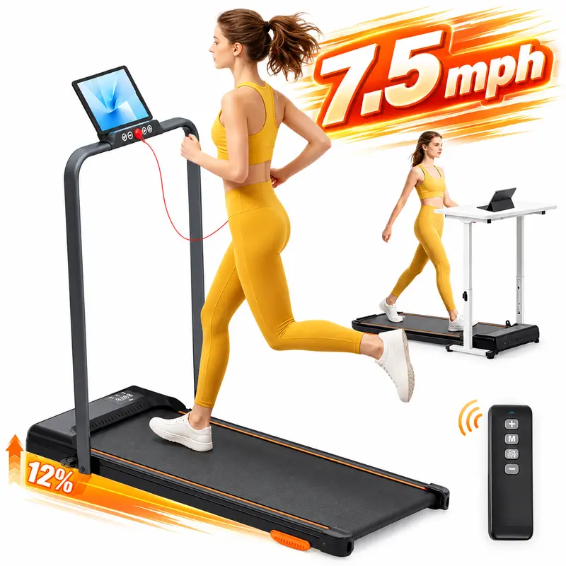 Quiet Folding 3-in-1 Treadmill Walking Pad - Compact Slim Frame Home Gym Equipment, 2-in-1 Walking & Running, Lightweight, Remote Control, Mobility Wheels, LED Display, Safety Handrail, Safety Key, Adjustable Incline, Installation-Free, for Home/Office