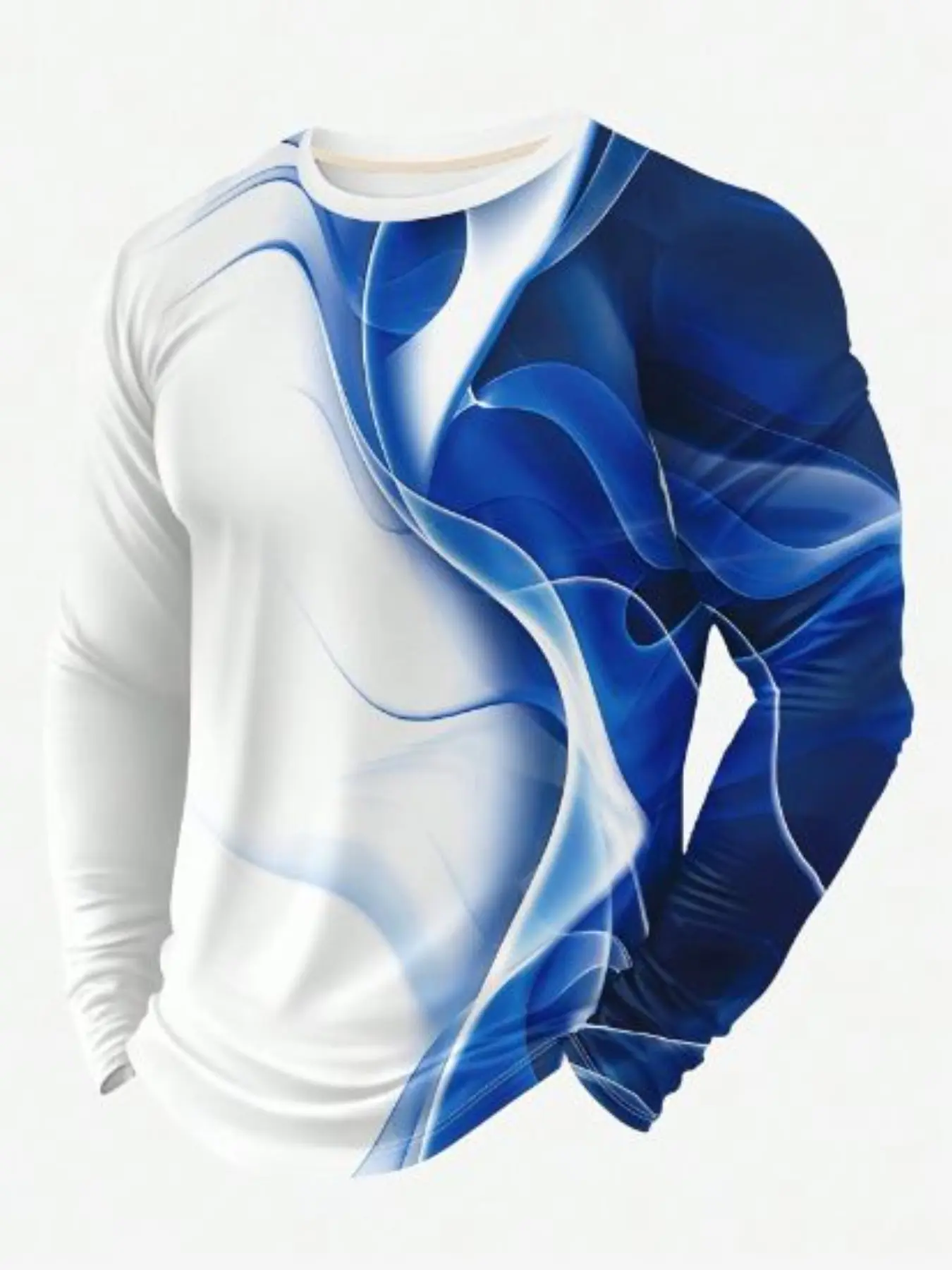 Men's Blue Colorblock Print Long Sleeve Knit Shirt, Casual Spring & Fall Fashion, Fitted Plaid Design, Sportswear, Athletic Workout Clothing, Casual Sports Tops