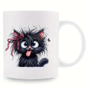 11oz Black & White Cartoon Cat Ceramic Coffee Mug - Insulated, Reusable Travel Cup with Unique Fluffy Cat Design, Hand-Wash Only - Perfect Gift for Coffee Lovers, Men & Women, Coffee Cup | Playful Cat Design | Durable Travel Cup, Cat Lover Gifts