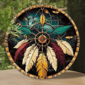[Vibrant Dreamcatcher] Vibrant 1pc Native American Dreamcatcher Wall Art |   8x8 Inch Aluminum Sign with Feather & Spider Web Design, Ethnic Home Decor - Cultural Decoration Hanging Hangable Ornaments