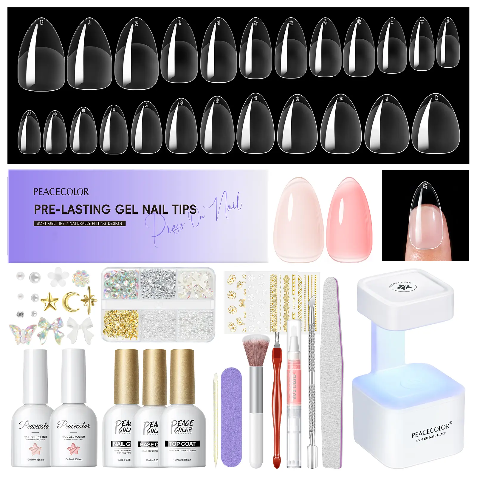 PEACECOLOR Gel Nail Polish Kit, 240Pcs Short Medium Almond Nail Tips with U V Light 2PC Jelly Gel Polish Nail Glue Top Coat Stickers Rhinestones Press on Nails Easy Extension Set DIY Salon Gifts for Women