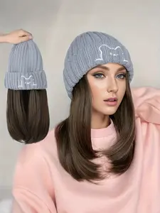 Women's Knitted Hat with Bear Design, Integrated Lockbone Hair, Thickened Warm Comfortable Winter Accessory, 1 Piece, Knit Hats