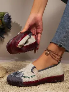 Women's Embroidered Lace-Up Flats, Lightweight Breathable Casual Fashion Shoes, Soft Rubber Sole for All Seasons, Round Toe Ethnic Design