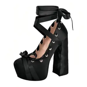 Women Cross Wrap Platform Sandals Lace Up Satin Sexy Pump Thick High Heel Shoes