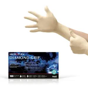 MICROFLEX Diamond Grip MF-300 Disposable Latex Gloves for Automotive, Healthcare, Machinery Industries - Med, Natural (Box of 100)