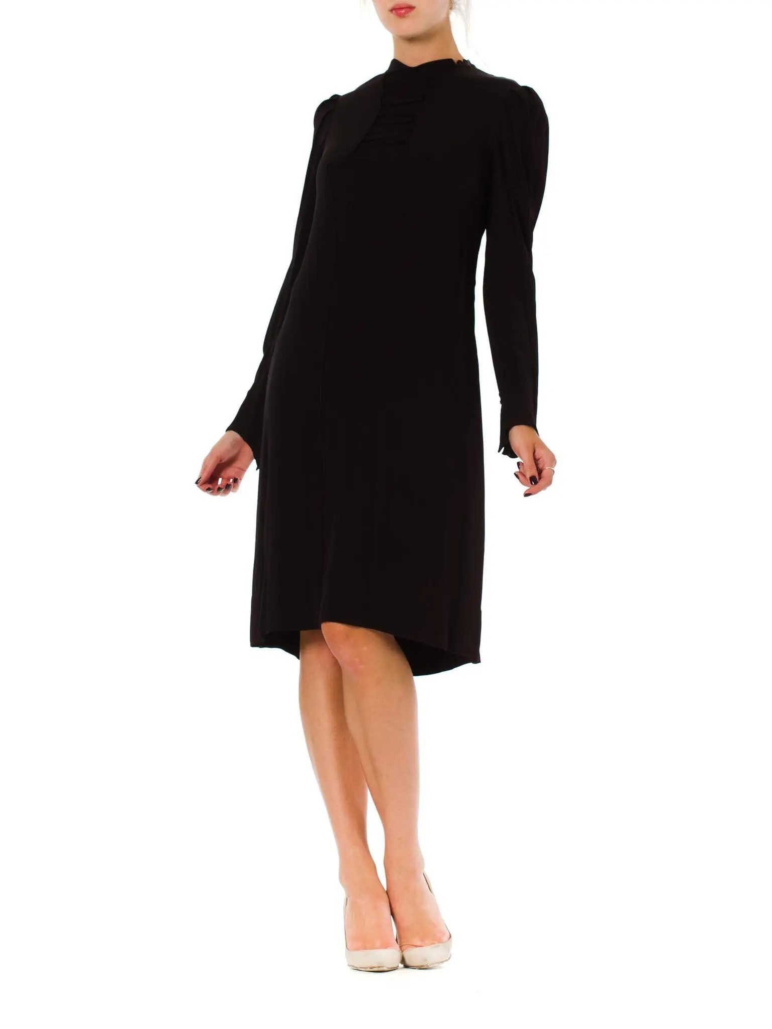 1930S Black Silk Crepe Back Satin Long Sleeve Dress With Shirred Bodice Detail