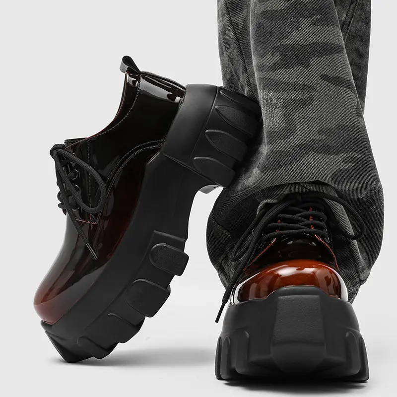 Mens Chunky Platform Shoes Patent Leather Glossy Lace Up Thick Lug Sole Round Toe Punk Gothic Grunge Avant Garde Streetwear Y2K Casual Footwear