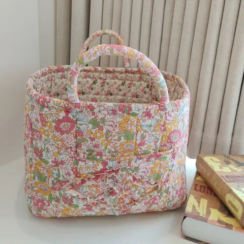 Washable Foldable Fabric Storage Bag, Book Organizer Floral Pattern Basket, Office Supplies Holder, Home Decor Bin, Decorative Storage Organizers for Entryway Bedroom Living Room