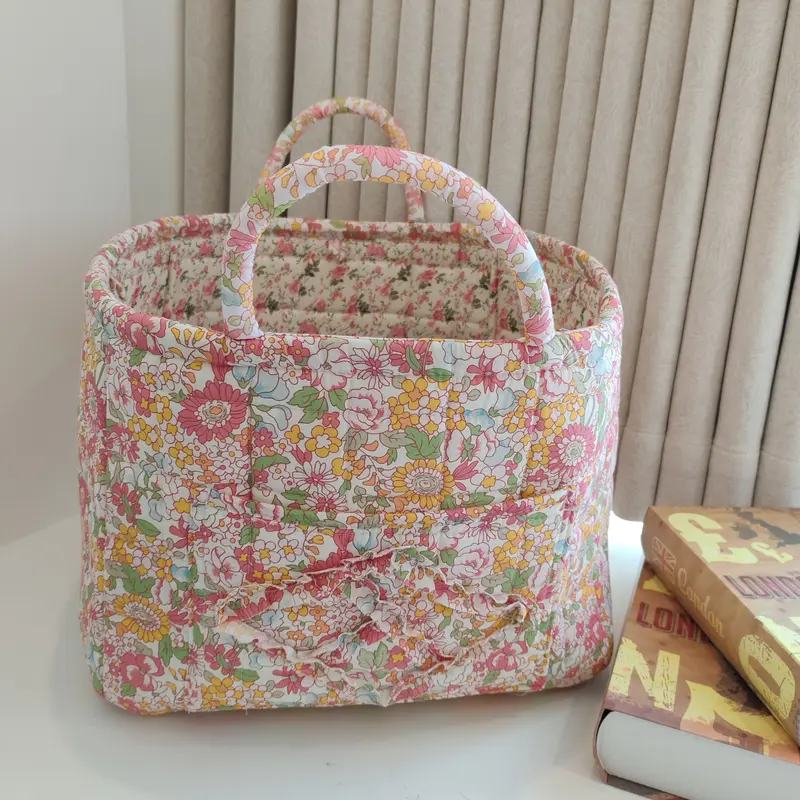 Washable Foldable Fabric Storage Bag, Book Organizer Floral Pattern Basket, Office Supplies Holder, Home Decor Bin, Decorative Storage Organizers for Entryway Bedroom Living Room