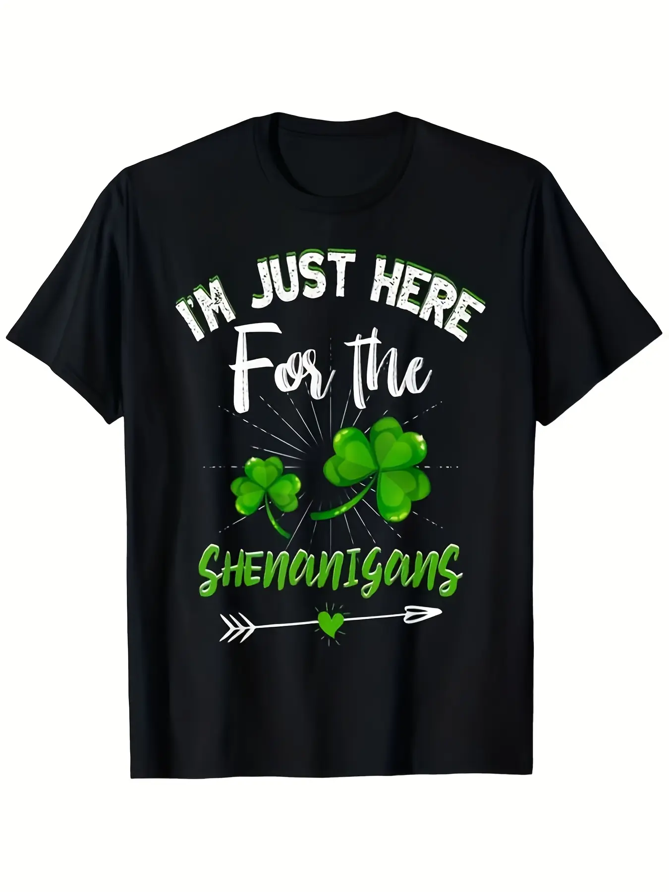 Men'S I'm Just Here For The Shenanigans St Patrick'S Day T-Shirt - Retro Graphic Tee With Green Clover & Shamrock Print, Black With White Lettering, Comfortable & Breathable Regular Fit,