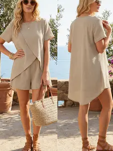Women's Elegant Solid Color Round Neck Short Sleeve Cross Strap Polyester Dress and Shorts Set for Spring and Summer