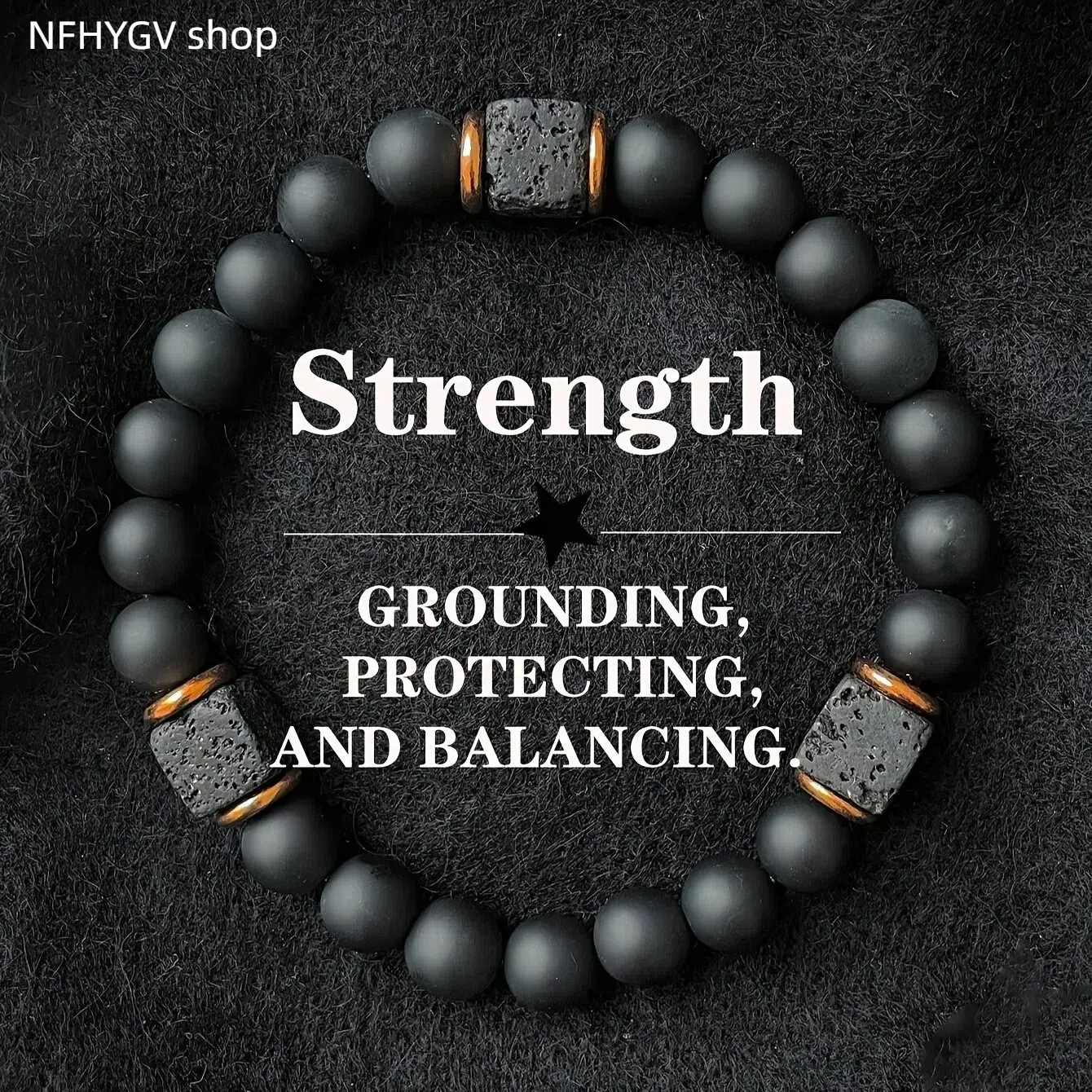 Men's Strength Grounding Bracelet, Matte Black Onyx and Lava Stone Beaded Wristband, Balancing Protection Jewelry for Casual Outfits