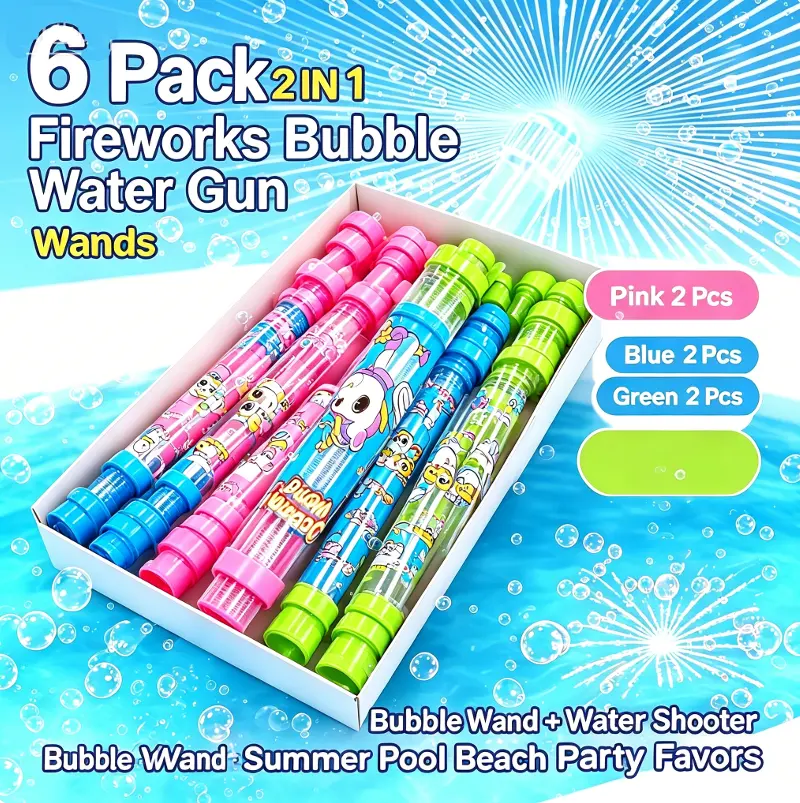 6 Pack 2-in-1 Bubble Water Gun Wands, Dual Play Bubble Blaster & Water Shooter Toys with Cards, Summer Pool Beach Kids Party Favors, Classroom Graduation Birthday Goody Bag Fillers