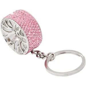 Bling Car Tire Wheel Keychain, Mini Reinestone Crystal Wheel Rim Keyring Keyfob for Women Men, Universal Fit（Pink）