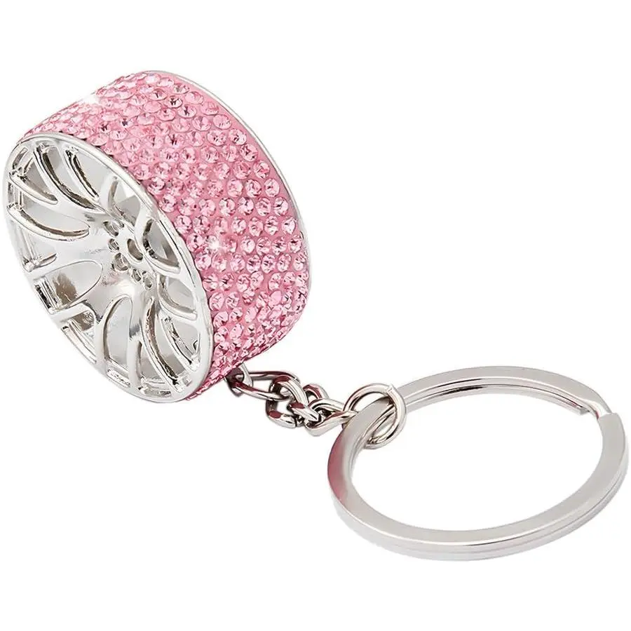 Women's Compact Spark Zinc Alloy Car Tire Wheel Keychain - 30g/pc AB Illusion Color Rhinestone Crystal Wheel Shape Keyring Keyfob, Universal Fit Automotive Interior Decoration, Pink