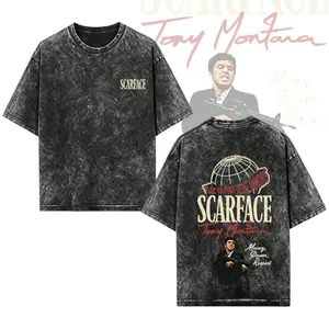 "Scarface" Washed Cotton T-Shirt — Double-Sided Print, Y2K Streetwear Style, Short Sleeve. Featuring The Theme "The World Is Yours," This Is An Excellent Choice For Film Buffs And Streetwear Enthusiasts Alike. Men'S Casual T-Shirt.
