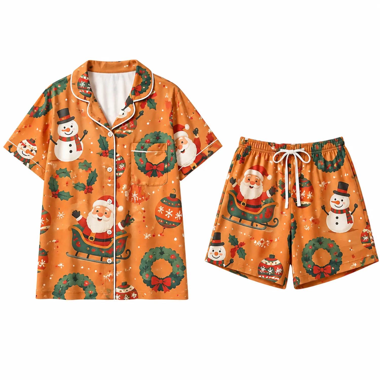 Christmas Santa & Snowman Print Short Sleeve Button-Front Pajama Set with Matching Shorts, Cozy Holiday Sleepwear