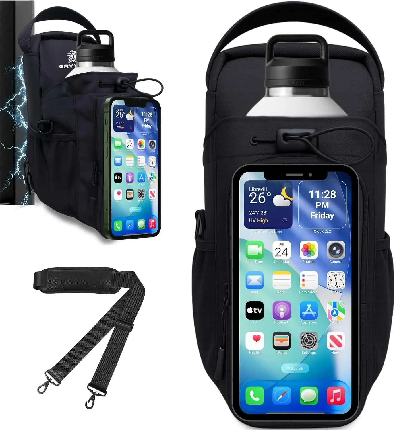 Magnetic Gym Bag for Men & Women | Touchscreen Pocket Water Bottle Holder | 5X Strong Magnets | Holds 16-65oz Bottles | Waterproof PVC Pocket | Crossbody Sling | Gym Accessories