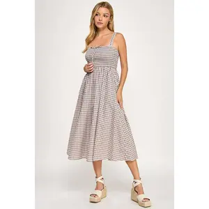 Smocked Gingham Midi Dress Lightweight