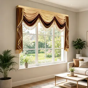 European Luxury Gold Velvet Curtain Head, High-End Villa Living Room Water Wave Design Curtains, Vintage Fringe Decorative Window Drapes, Interior Decoration Accessories