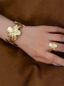 Flower Design Cuff Bangle & Ring, Fashion Jewelry for Party, Daily Clothing Decor, Trendy All-match & Exquisite Jewelry for Birthday Gift
