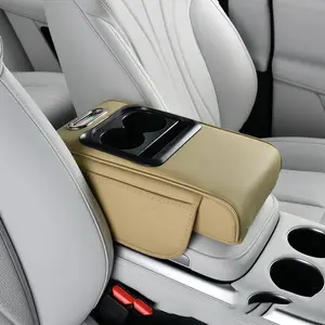 Car Center Console Armrest Pillow, Leather Car Armrest Cushion with Cup Holder & Phone Holder, Universal Armrest Storage Box Protector for Most Vehicles, Car Accessories (Beige)
