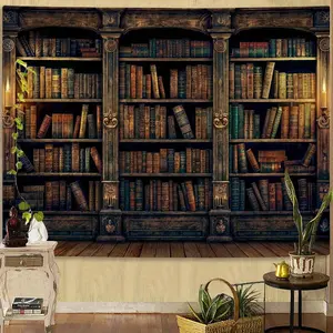 YEXIT Retro Bookshelf Wall Tapestry, Vintage Books Study Library Tapestries for College Dorm Bedroom Magic Caslte Backdrop