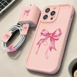 High Bamboo Bowknot Phone Case Set, Charger Protector, Data Cable Protectors, Silicone Cord Organizer for iPhone Models