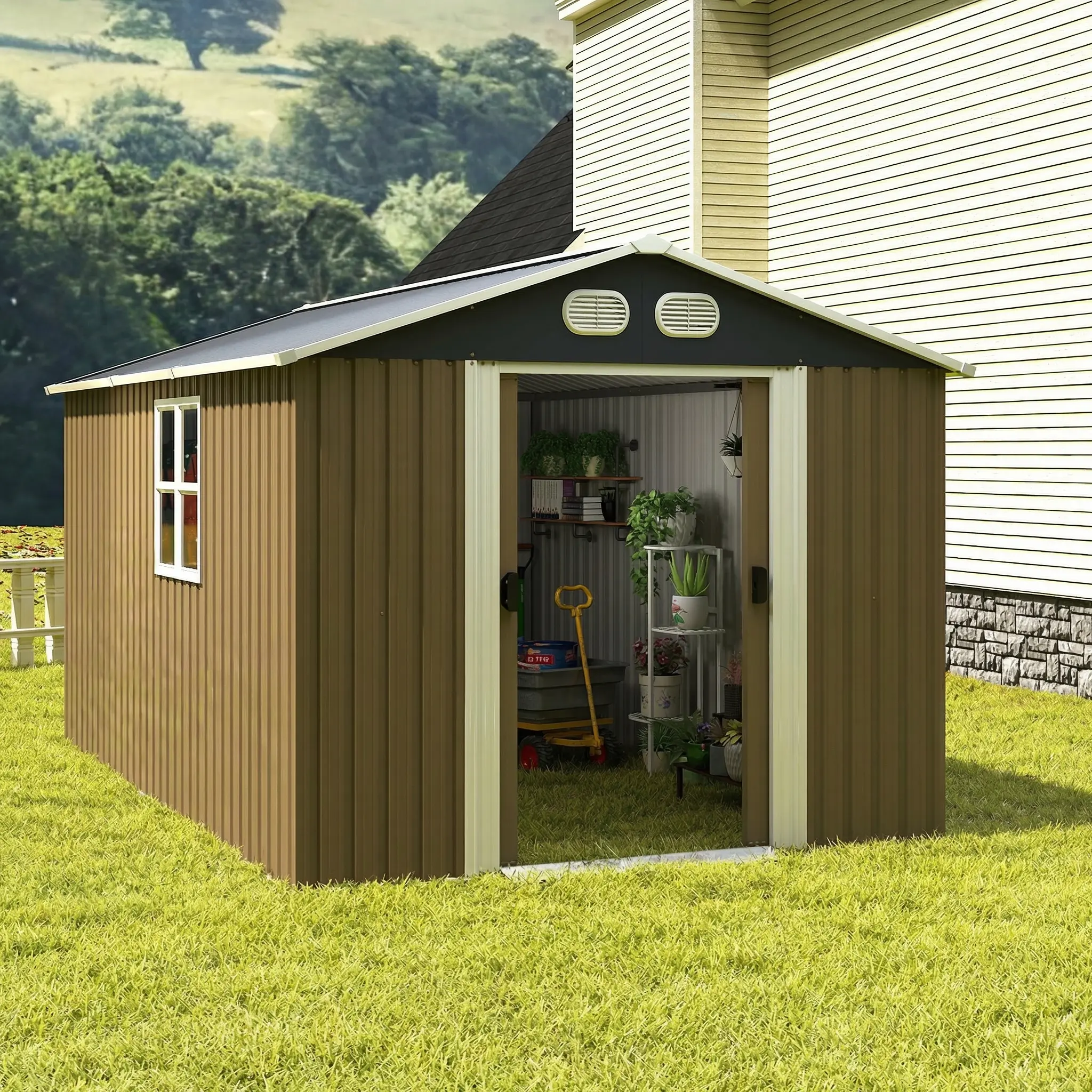 8x12 FT Waterproof Weather-Resistant Windproof Sturdy Metal Garden Shed, UV Prevention, Stable Frame, Lockable Door, Sloped Roof, Easy Setup for Gardening, Backyards, Lawns Outdoor Storage