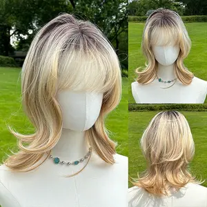 SMILCO/16Inch Ombre Brown Ash Golden Short Curly with Bangs Synthetic Wig/SM505-2