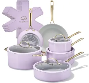 Chef Power Ceramic Cookware Sets, 15Pcs Pots and Pans Set Non Stick, Cookware Set with Stainless Steel Handle, Dishwasher & Oven Safe, Light Purple and Granite Grey