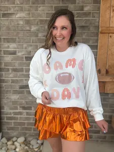 Orange and White Game Day Patchwork Long Sleeve Crewneck Top *TN COLLECTION*