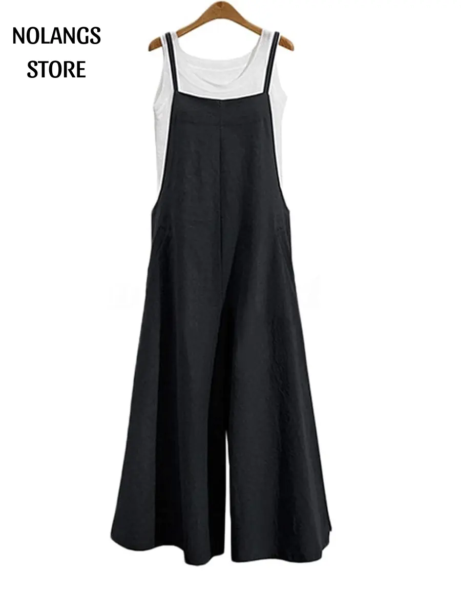 NOLANGS STORE Women Casual Loose Bib Overalls Wide Leg Jumpsuit Baggy Cotton Linen Dungarees Sleeveless Romper Pants with Pockets Summer Streetwear