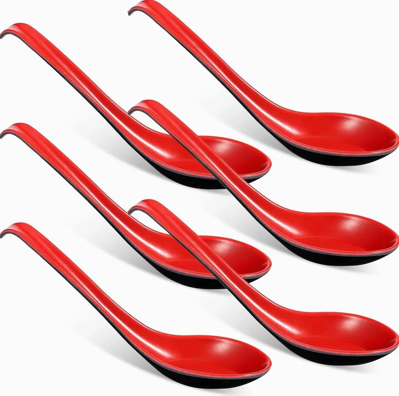 6 Pc Asian Soup Spoon Chinese Spoon Soup Spoon for Dinner | Long Handle Rice Spoon, with Notch Hook, Miso Ramen, Wonton Dumpling, Rice Noodle, Kitchen