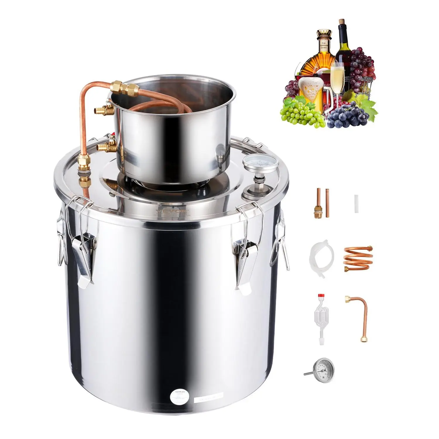 VEVOR Stainless Steel Alcohol Still Distilling Kit, 8 Gal/30 L Food-Safe Barrel+Coil Set, Copper Coil, Reinforced Lid, Reinforced Seal, Temperature Gauge, Home Brewing Refining Kit for Wine/Vodka Whisky, Ideal for Beginners, Silver