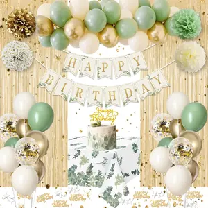 Sage Green Birthday Decorations, Olive Green Gold White Sand Balloons Happy Birthday Banner Tablecloth Gold Fringe Curtain Paper Pom Poms for Kids, Women, Men, Girls, Boys Bday Party Decor