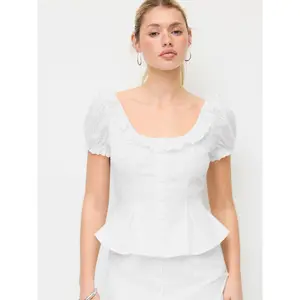 Cider Jacquard Ruffled Scoop Neck Puff Sleeve Peplum Blouse