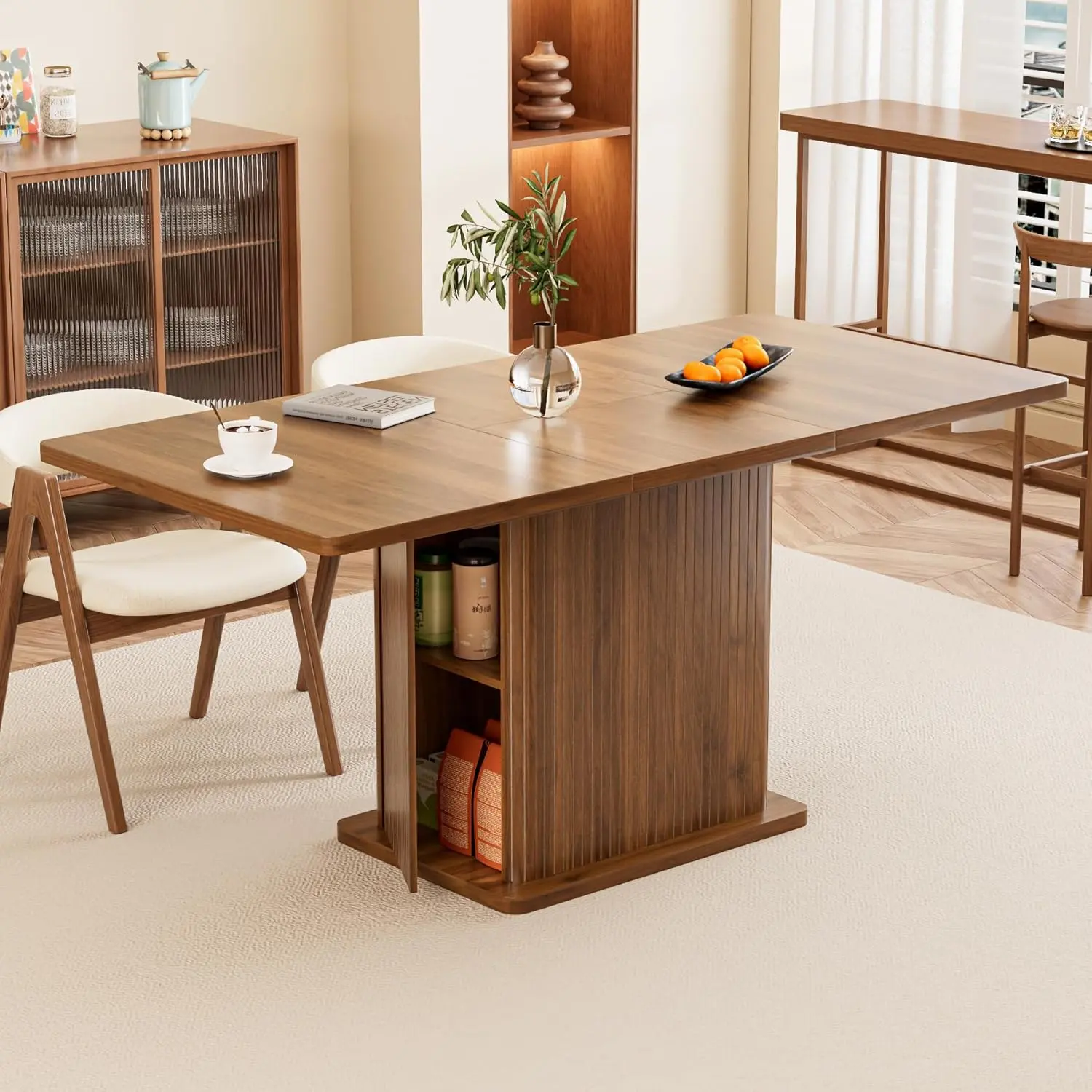 Extendable Kitchen Dining Table for 4-6, 47-65 Inch Rectangle Dining Room Table with 2 Doors, Large Storage, Mid Century Modern Dinner Furniture, Living Room, Space Saving, Square, Fluted summerwins