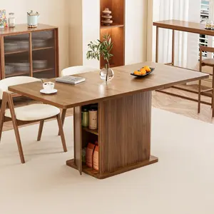 Extendable Kitchen Dining Table for 4-6, 47-65 Inch Rectangle Dining Room Table with 2 Doors, Large Storage, Mid Century Modern Dinner Furniture, Living Room, Space Saving, Square, Fluted
